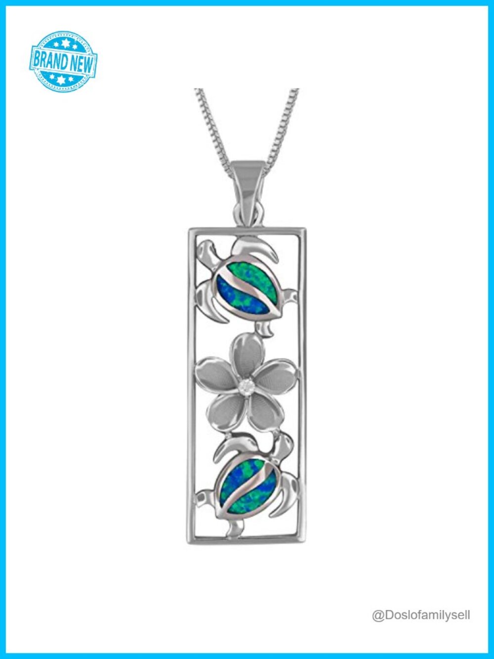 Sterling Silver Synthetic Blue Opal Turtle Plumeria Pendant Necklace 16+2"